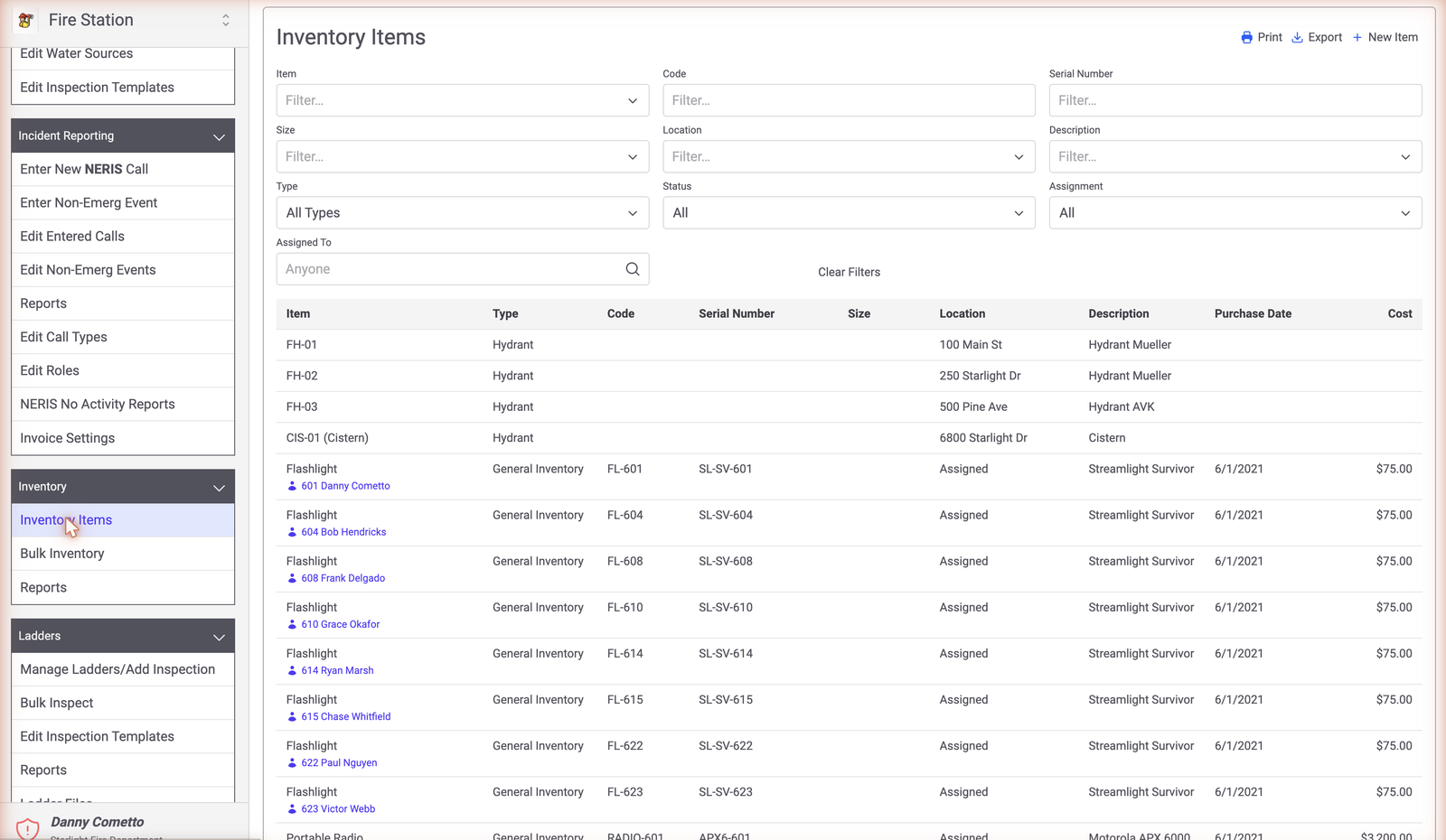 Inventory Items screen listing department equipment with filters, locations, and assignments