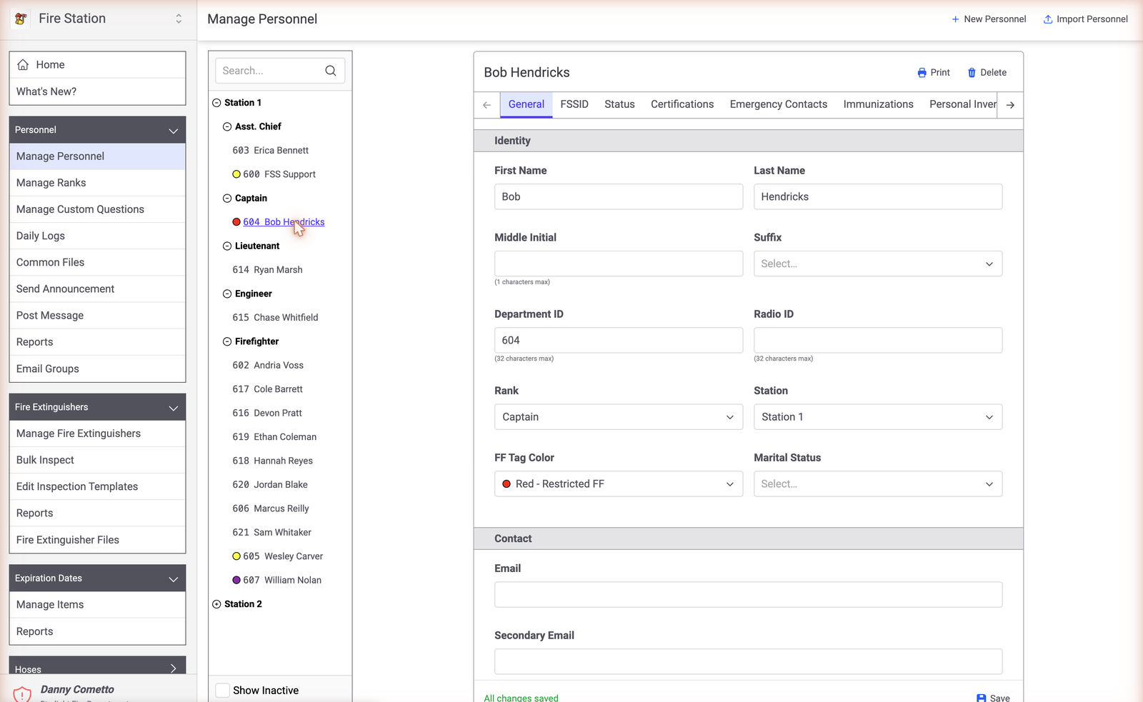 Manage Personnel screen showing the department roster and a firefighter's record